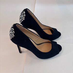 American Glamour Badgley Mischka Suede Peep Toe 3 Inch Heel Shoe Size 6